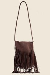 Vegan Suede Long Fringe Shoulder Bag - Brown