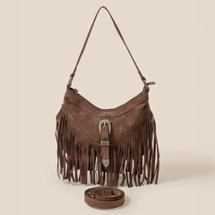 Vegan Suede Cascade Fringe Should Bag - Dark Brown
