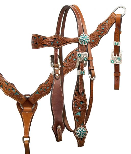 Showman Headstall/Breast Collar with Teal Snake Print