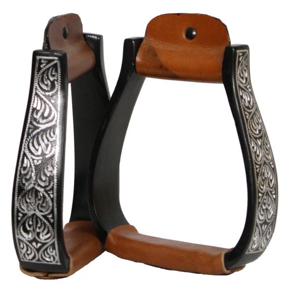 Showman Black Aluminum Engraved Silver Stirrups