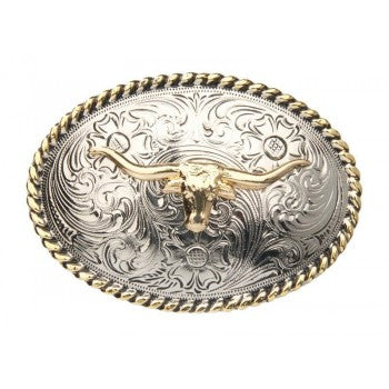 Kid's Oval Buckle with Gold Longhorn