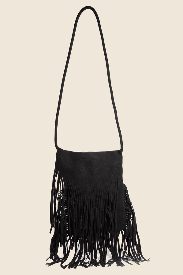 Vegan Suede Long Fringe Shoulder Bag - Black