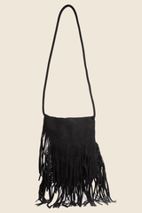 Vegan Suede Long Fringe Shoulder Bag - Black