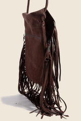 Vegan Suede Long Fringe Shoulder Bag - Brown