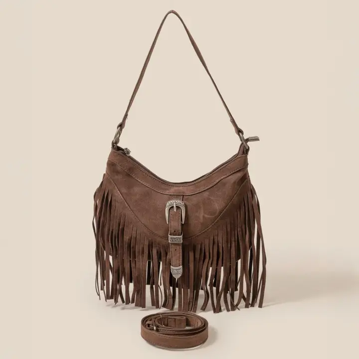 Vegan Suede Cascade Fringe Should Bag - Dark Brown