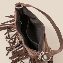 Vegan Suede Cascade Fringe Should Bag - Dark Brown