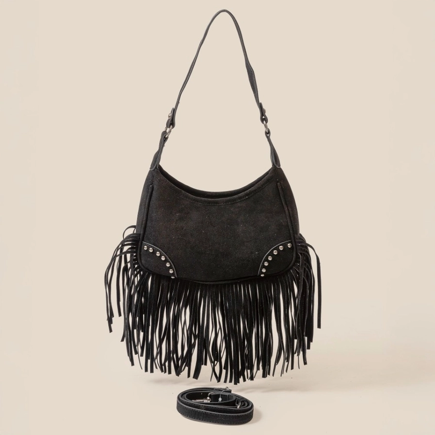 Vegan Suede Fringe Shoulder Bag - Black