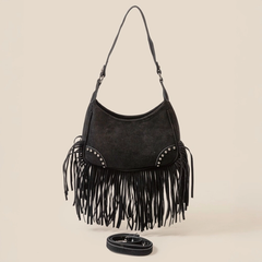 Vegan Suede Fringe Shoulder Bag - Black