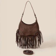 Vegan Suede Fringe Shoulder Bag - Brown