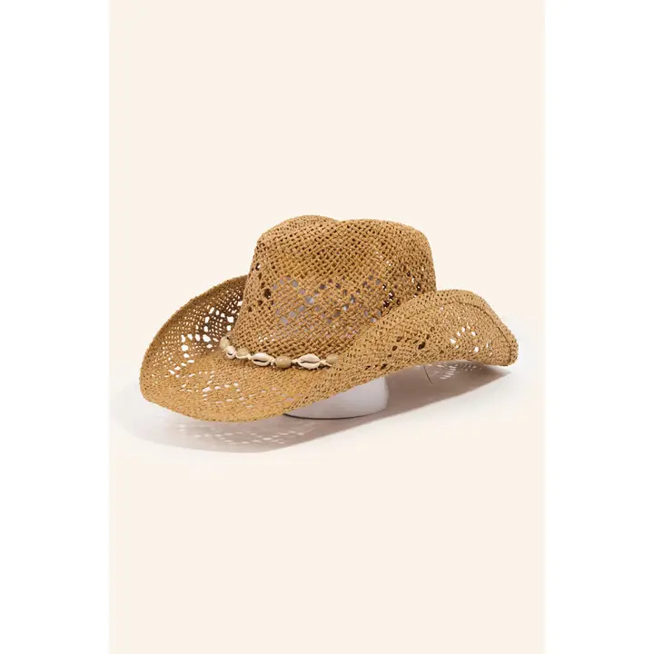 Shell Braided Straw Cowboy Hat - Khaki