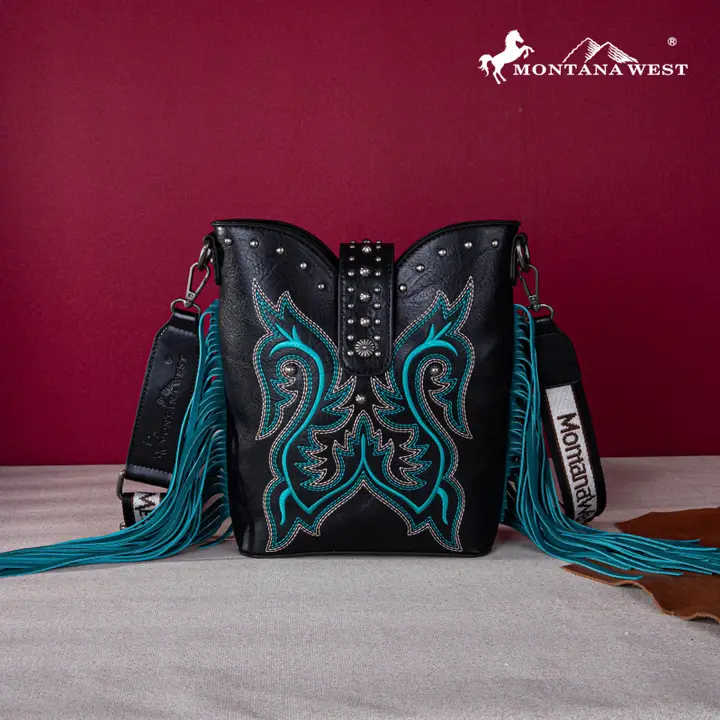 Montana West Embroidered Fringe Purse - Black